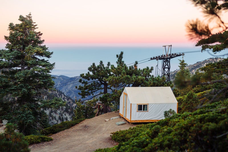 A Camp Baldy tent cabin at sunrise